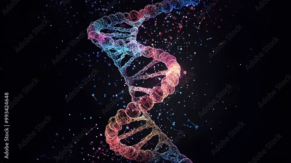 Poster a vibrant, wireframe representation of a double helix dna structure on a black background