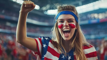 Joyful female sports fan with USA flag colors painted on her face, pumping her fist in excitement in a crowded football stadium, out-of-focus crowd in the background and plenty of empty space for text