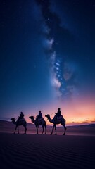 Camel riders journeying through the desert under the Milky Way