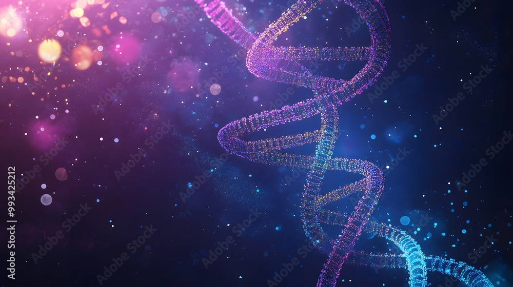 Poster a colorful double helix dna strand in a space-like setting