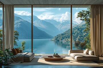 A spacious living room features large windows framing a breathtaking view of mountains and a serene lake. The soft furnishings invite relaxation, complementing the tranquil landscape outside