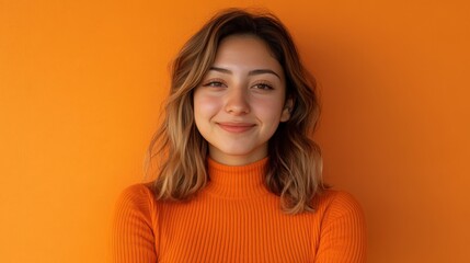 Fototapeta premium Confident Woman in Orange - Minimalist Portrait on Bold Background