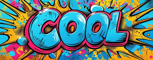 Playful pop art background featuring "COOL." Dynamic patterns, Comic book elements, Bright vector