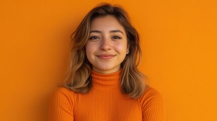 Fototapeta premium Confident Woman in Orange - Minimalist Portrait on Bold Background