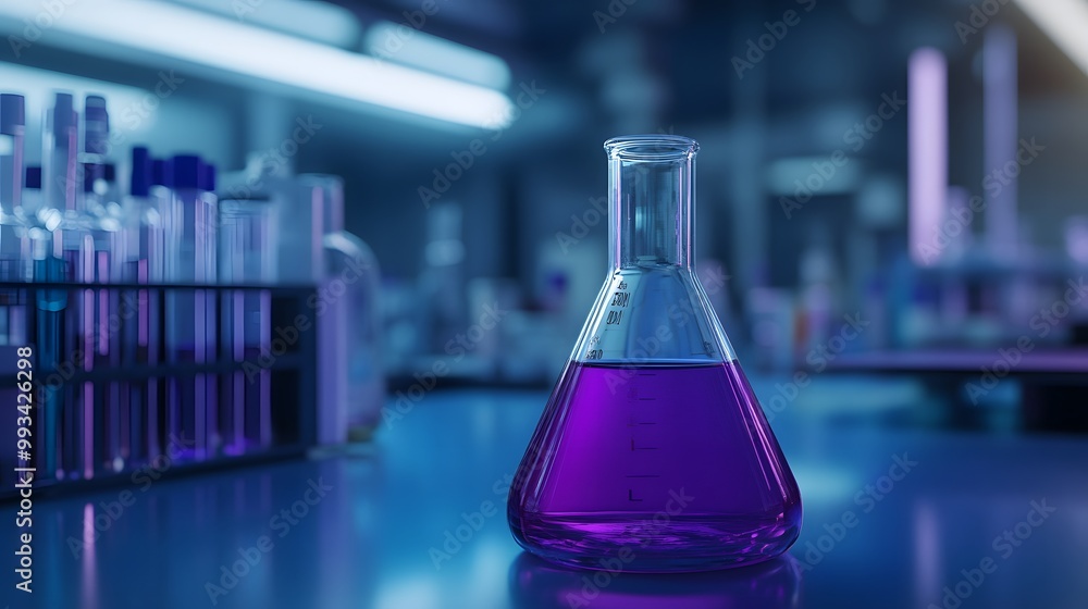 Poster erlenmeyer flask filled with purple liquid in a laboratory setting