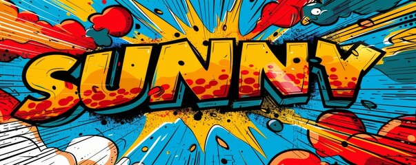 Energetic pop art background featuring "SUNNY." Explosion theme, Dynamic visuals, Vibrant vector