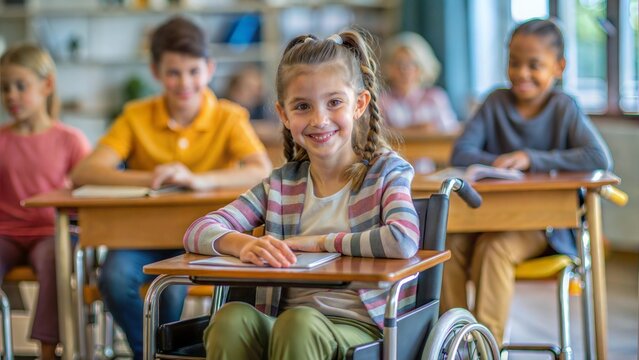 Inclusive Classroom with Smiling Girl in Wheelchair
