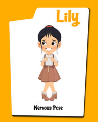 A cute nervous girl cartoon character AKA Lily, Little girl cartoon in school dress.