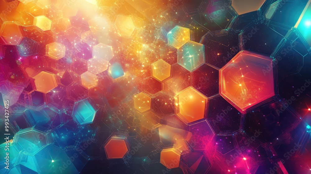 Poster vibrant abstract geometric composition with overlapping hexagons, triangles, and circles connected b