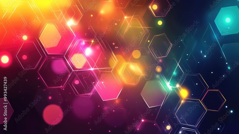 Poster vibrant abstract geometric composition with overlapping hexagons, triangles, and circles connected b