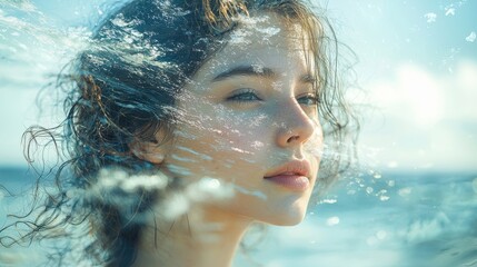 Waist-up portrait of a serene woman with water reflections, standing against a tranquil seascape, capturing a calm and contemplative mood under soft natural light.