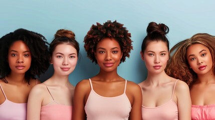 Obraz premium Diverse Group of Women Posing Against Light Blue Background in Casual Clothing