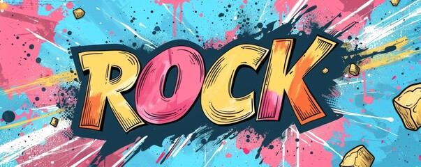 Playful pop art background with "ROCK" text. Dynamic visuals, Bold graphics, Colorful vector