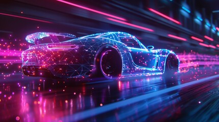 Futuristic drift car in motion with neon fast lines and abstract smoke. High speed concept in technological blue purple colors. Sport car is made of polygons, lines and connected dots. Digital auto.