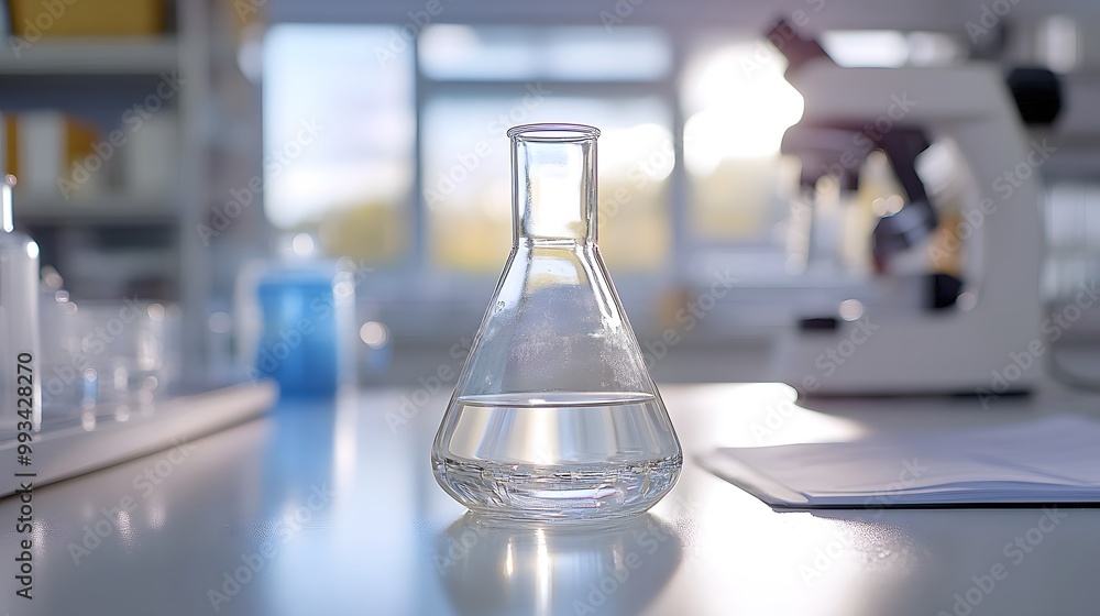 Poster a single erlenmeyer flask filled with liquid on a table in a laboratory setting