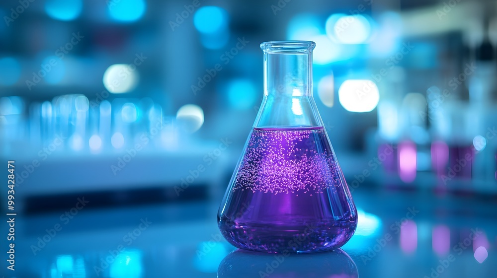 Aufkleber a single erlenmeyer flask filled with purple liquid and bubbles in a laboratory setting