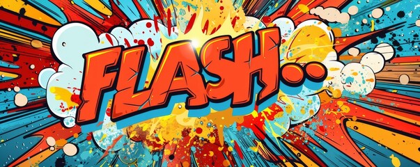 Abstract pop art background featuring "FLASH." Explosion theme, Bold graphics, Bright vector