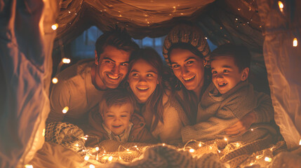 Fototapeta premium A happy family huddled inside a blanket castle.