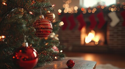 Cozy Christmas Scene with Golden and Red Decoration and Fireplace