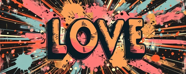 Abstract pop art background with text "LOVE" inside. Retro style, Bold patterns, Color explosion vector