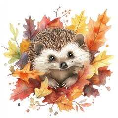 Hedgehog surrounded by autumn leaves.