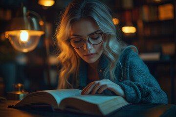 A woman wearing glasses is reading an open book at a table in a dimly lit room