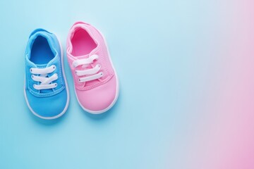 A creative composition of gender reveal baby shoes in pink and blue, with a blank background for text, suitable for commercial advertisements, highlighting the vibrant and celebratory mood.