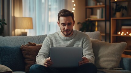 A man in a cozy sweater sits on a couch, focused on his laptop amid warm indoor lighting and a softly decorated room.