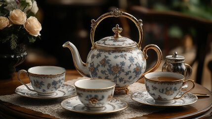 Fototapeta premium A delicate tea set made of fine china with a gold trim, accompanied by an ornate silver teapot on a lavish afternoon tea table 
