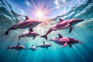Playful Pink Dolphins Swimming Gracefully in the Clear Blue Ocean Under the Bright Sunlight