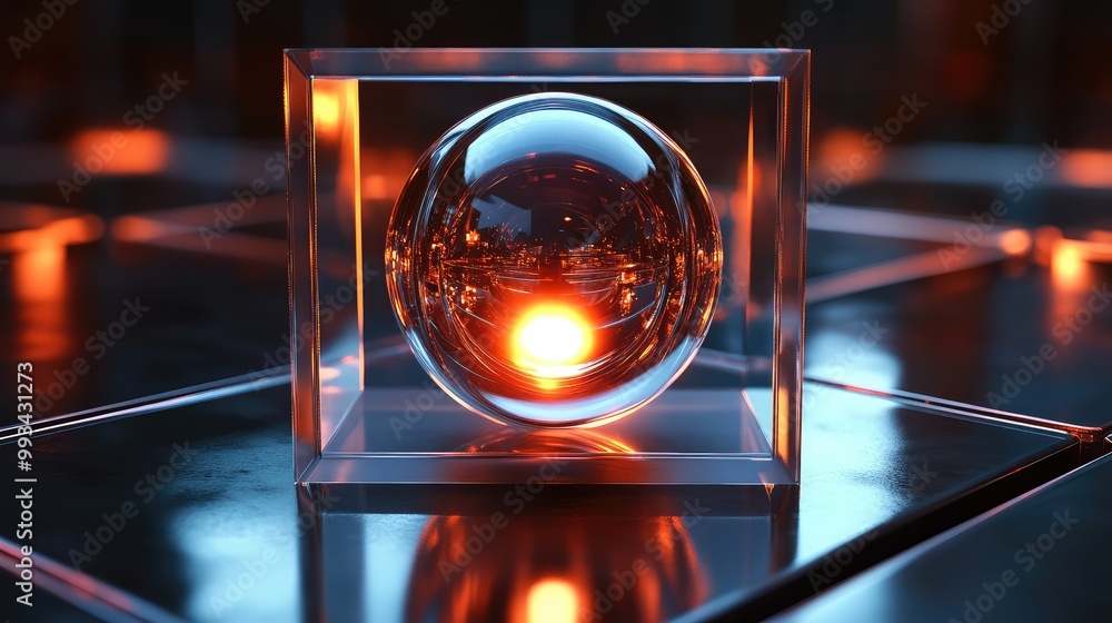 Poster 3d futuristic sphere with a glowing core, encased in a sleek rectangular box made up of rotating int