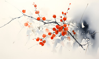 Japan traditional sumi-e painting. The motif includes the Japanese Oshidori-buro blooming flowers on a tree branch.