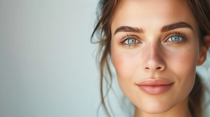 Close-Up Portrait of Woman with Natural Makeup and Blue Eyes