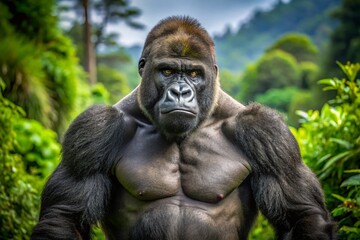 Fototapeta premium Powerful Gorilla Displaying Impressive Muscles in Natural Habitat Captivating Wildlife Enthusiasts
