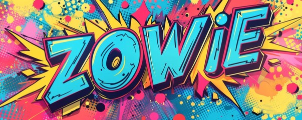 Playful pop art background with "ZOWIE" text. Dynamic patterns, Comic book elements, Bright vector
