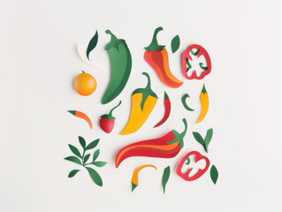 Fototapeta premium Assorted chili peppers in red, yellow, and green colors with leaves and sliced pieces arranged on a light background. Colorful vegetable illustration with different pepper shapes.
