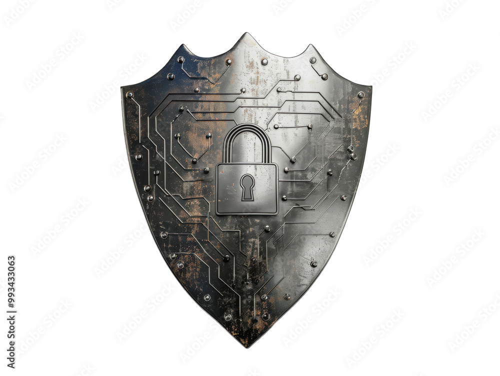 Poster a metallic shield designed with circuit patterns and a padlock symbol