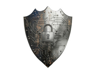 A metallic shield designed with circuit patterns and a padlock symbol