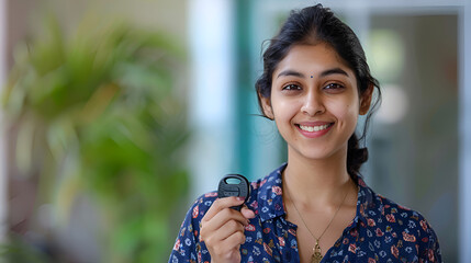 Smiling Desi woman in headshot photo holding her house keys in the camera copy space