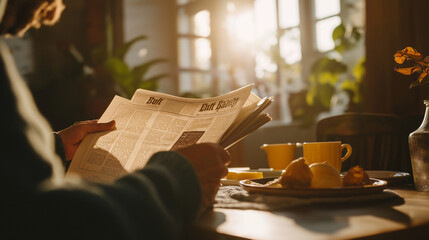 Person reading newspaper with breakfast in cozy sunlit cafe