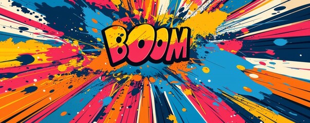 Abstract pop art background with "BOOM" inside. Dynamic visuals, Bold graphics, Colorful vector