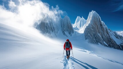 Climber in red jacket trekking through the snowy Alps under bright sunlight