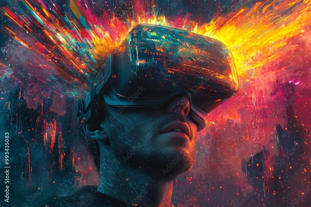 Poster concepts of the metaverse and blockchain technology. virtual reality. person using vr glasses, gamef