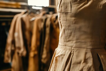 Naklejka premium Beige Linen Dress on Display in a Rustic Fashion Workshop