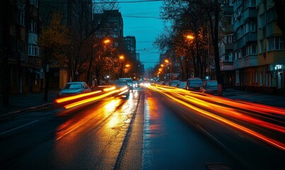 Vehicle lights on the streets of a city at night. Long exposure shot. Generative AI