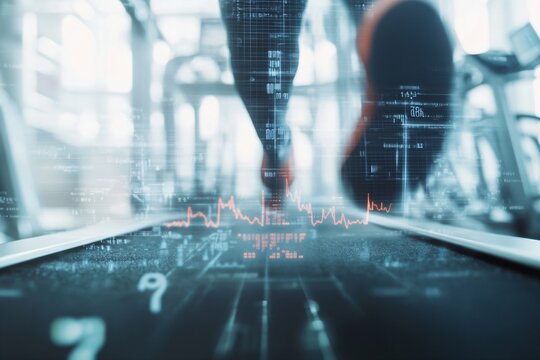 Futuristic fitness room with treadmill and futuristic interface that allows you to track your workout, health indicators. Concept of high-tech technologies, virtual trainers, augmented reality