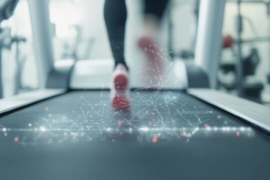 Futuristic fitness room with treadmill and futuristic interface that allows you to track your workout, health indicators. Concept of high-tech technologies, virtual trainers, augmented reality