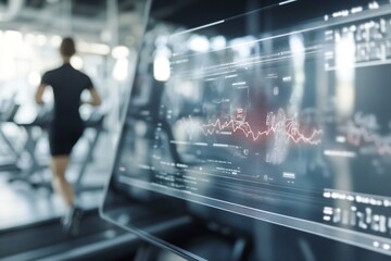 Futuristic fitness room with treadmill and futuristic interface that allows you to track your workout, health indicators. Concept of high-tech technologies, virtual trainers, augmented reality