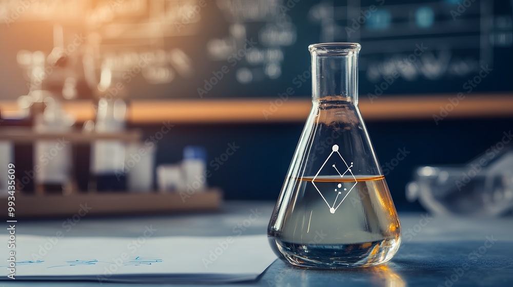 Poster a single erlenmeyer flask filled with amber liquid on a table in a science lab setting