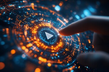 Finger touching futuristic play button interface with glowing data streams for digital media, streaming technology, and interactive content concepts in user experience and interface design